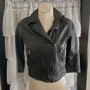 Genuine Leather Jacket Cropped 3/4 Sleeve Black